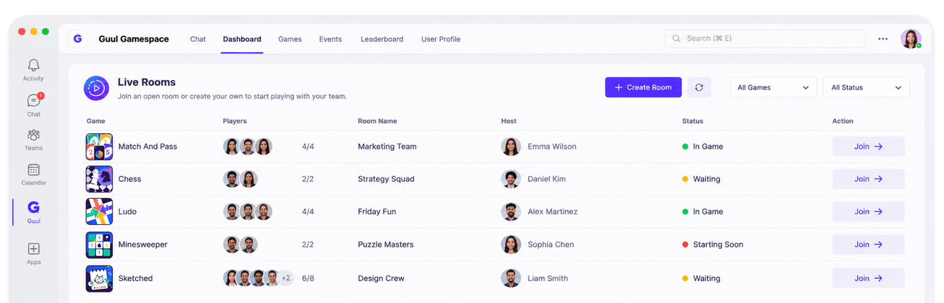 The GUUL Gamespace inside Microsoft Teams