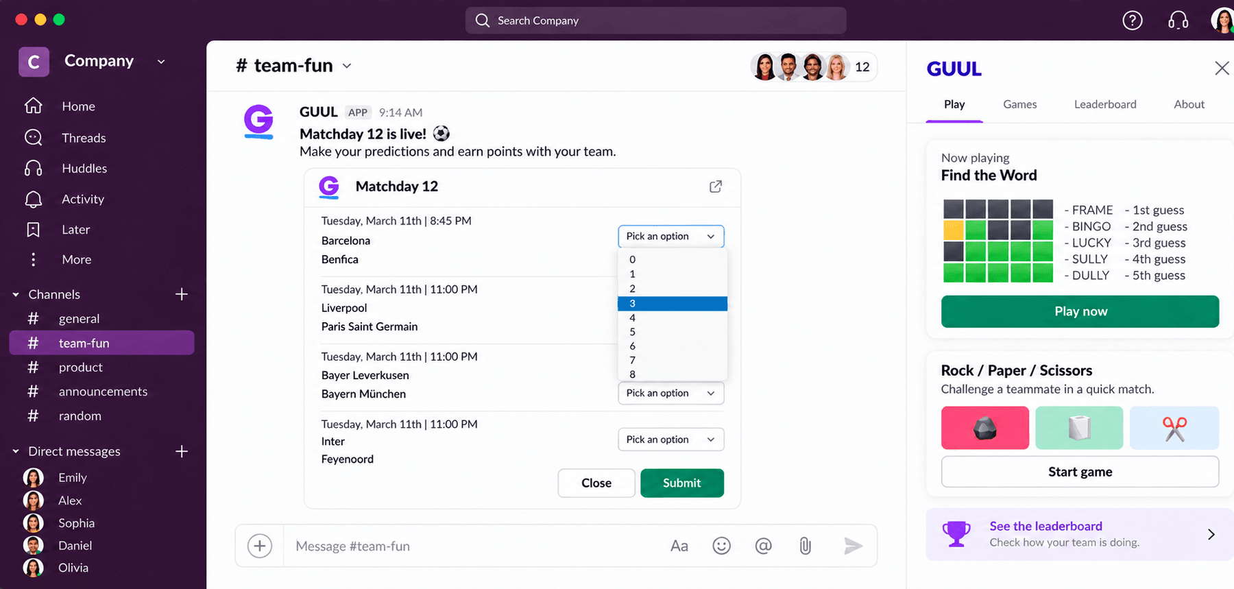 GUUL games running inside a Slack workspace